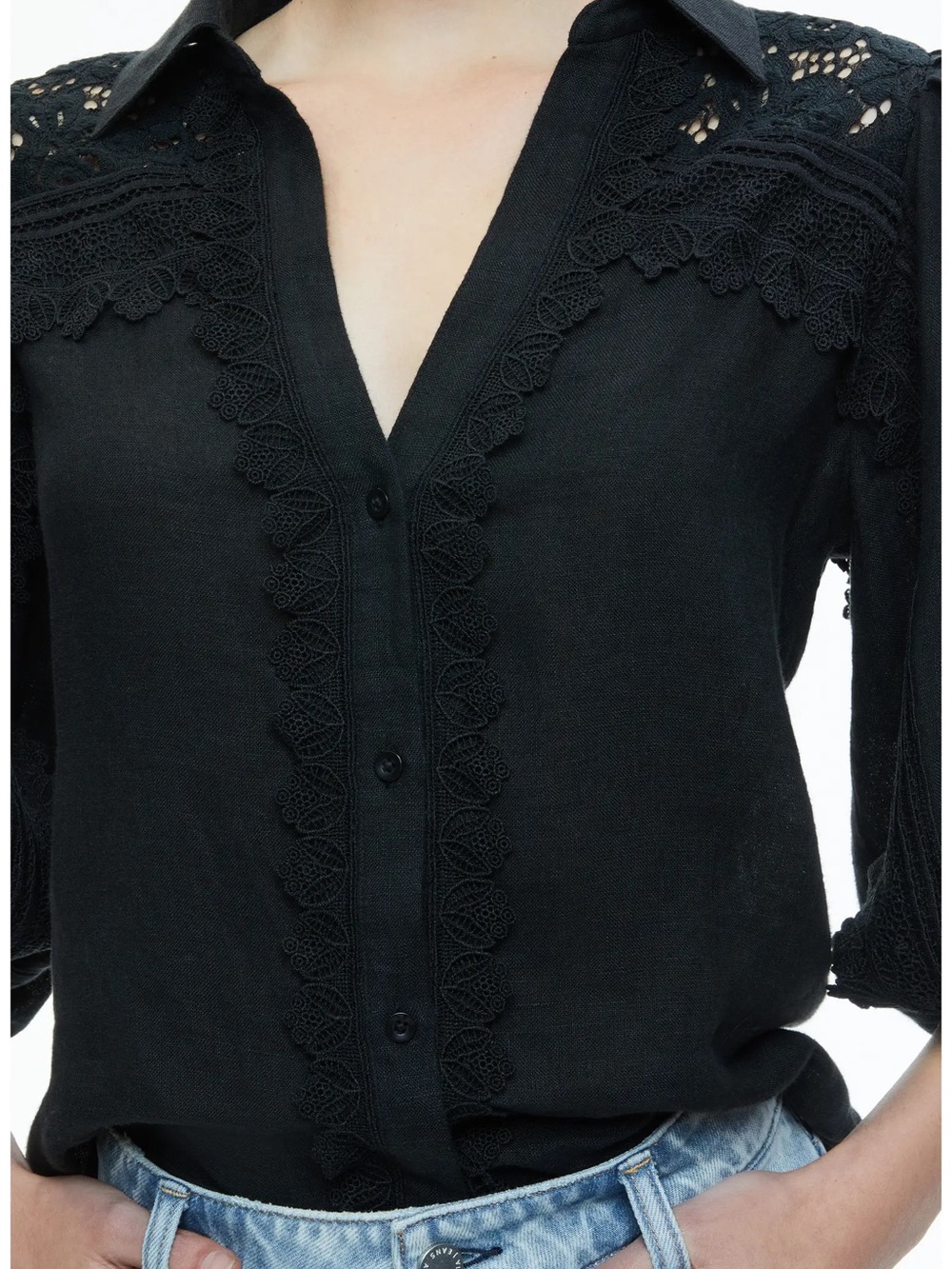 Alice +Olivia Black Lace-Trim Button-Front Women's Top S